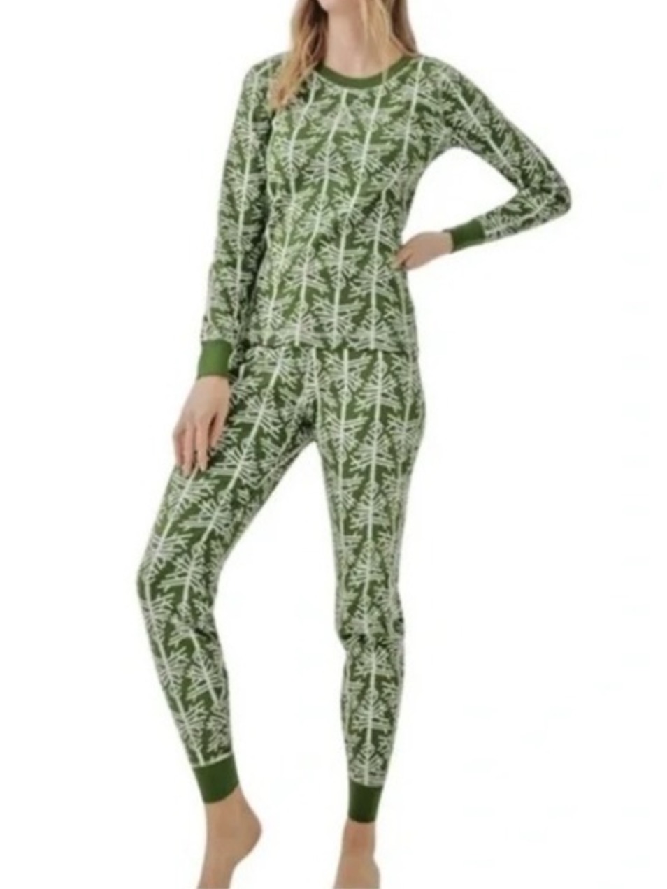 Pact Organic Cotton Birch Tree Long John Pajama Set Green Loungewear-Large